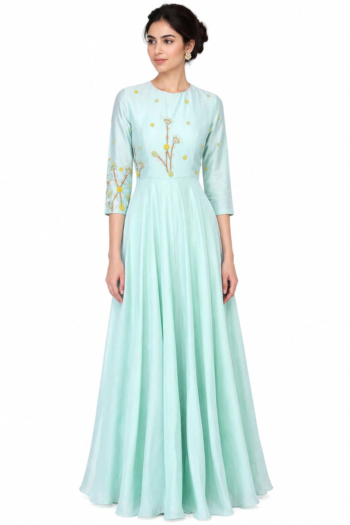Mint Green Embroidery Indo Western Satin Long Gown