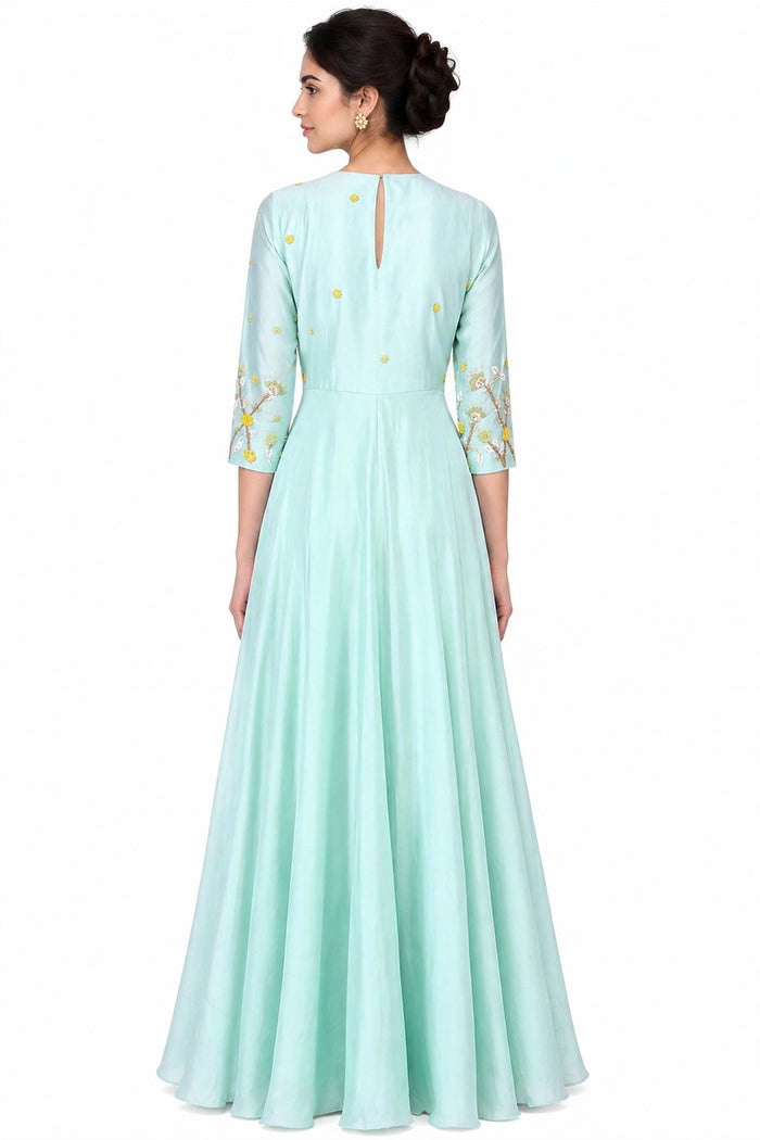 Mint Green Embroidery Indo Western Satin Long Gown