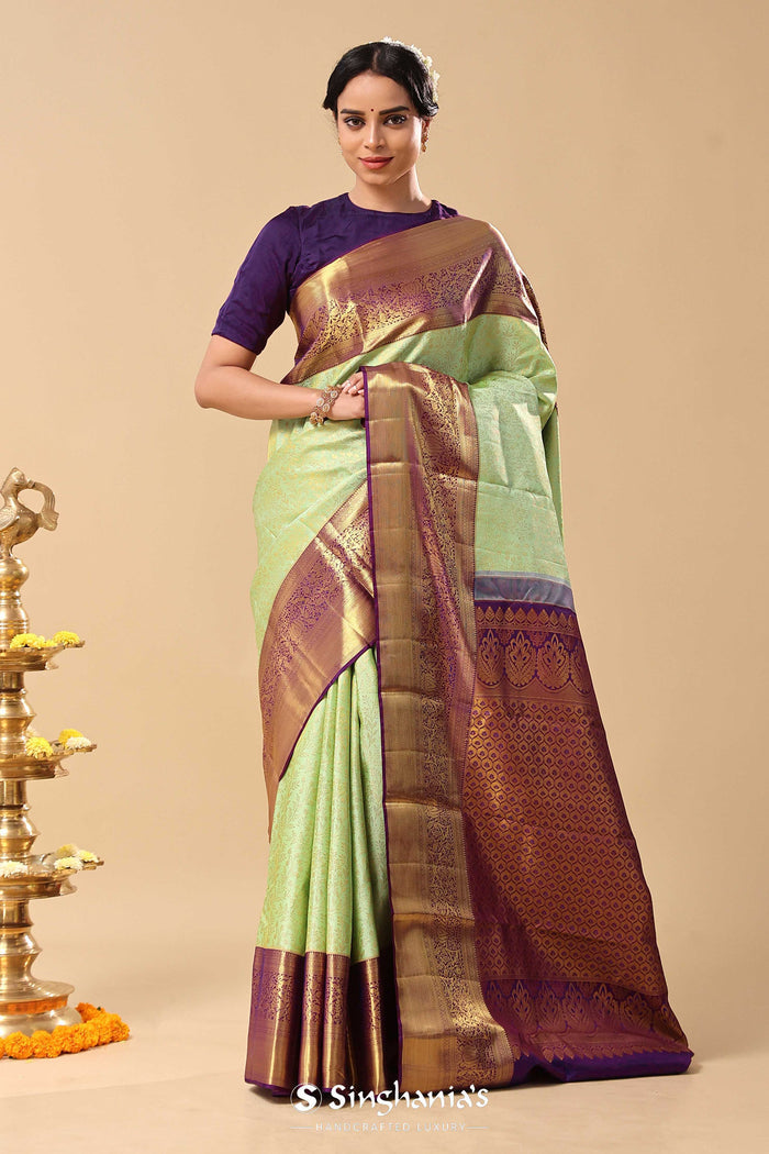Mint Green Kanjivaram Saree With Leaf Jaal