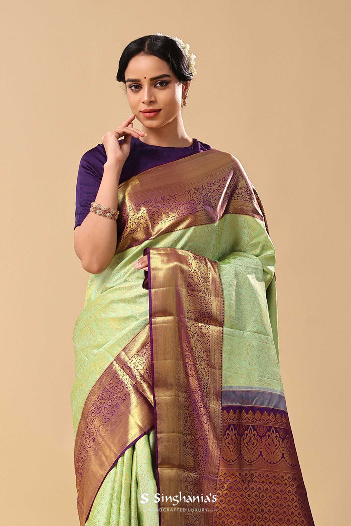 Mint Green Kanjivaram Saree With Leaf Jaal