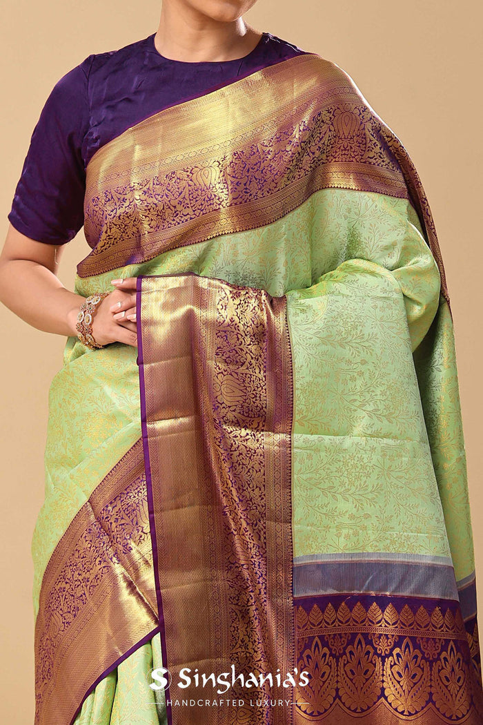 Mint Green Kanjivaram Saree With Leaf Jaal