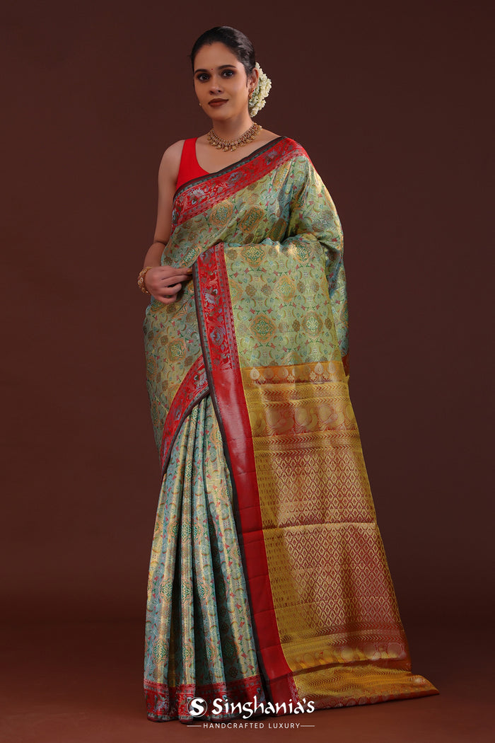 Mint Green Kanjivaram Tissue Saree With Motifs