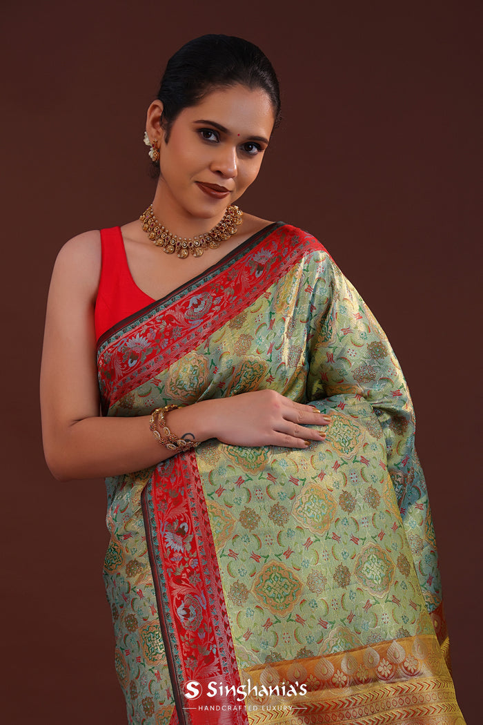 Mint Green Kanjivaram Tissue Saree With Motifs