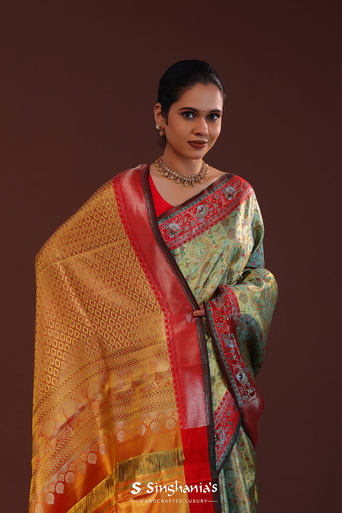 Mint Green Kanjivaram Tissue Saree With Motifs