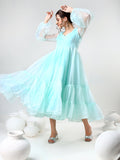 Mint Green Organza Ruffled Gown With Sheer Puff Sleeves