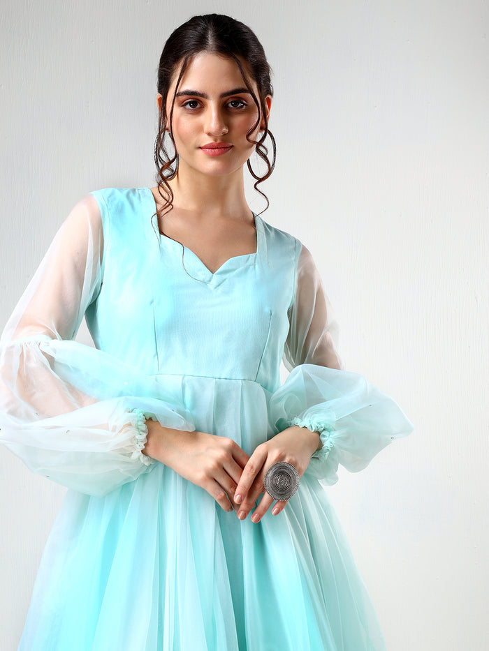 Mint Green Organza Ruffled Gown With Sheer Puff Sleeves