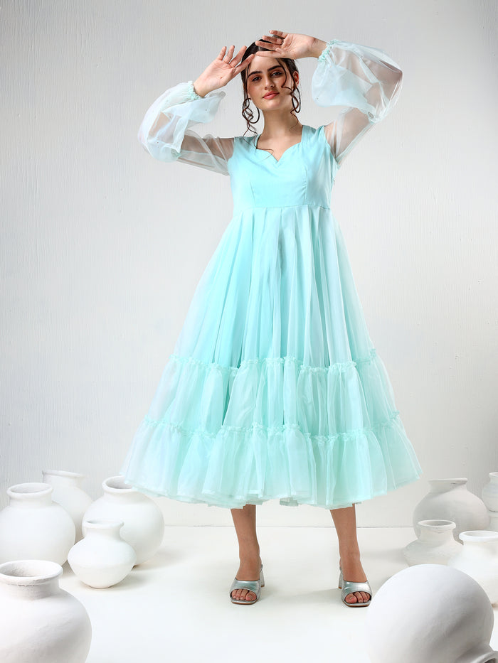 Mint Green Organza Ruffled Gown With Sheer Puff Sleeves