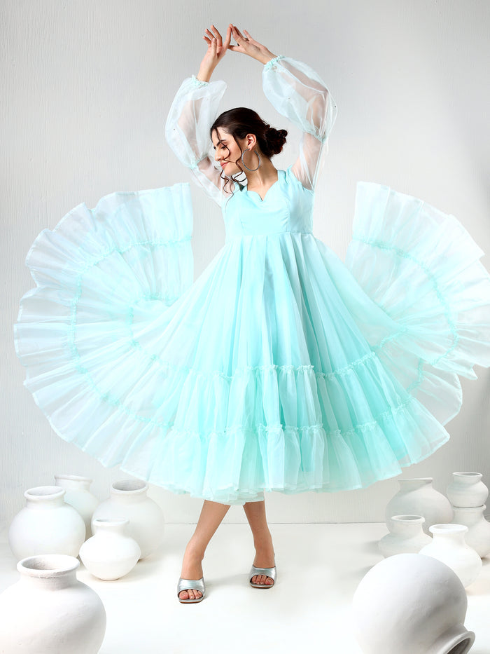 Mint Green Organza Ruffled Gown With Sheer Puff Sleeves