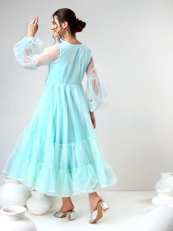 Mint Green Organza Ruffled Gown With Sheer Puff Sleeves