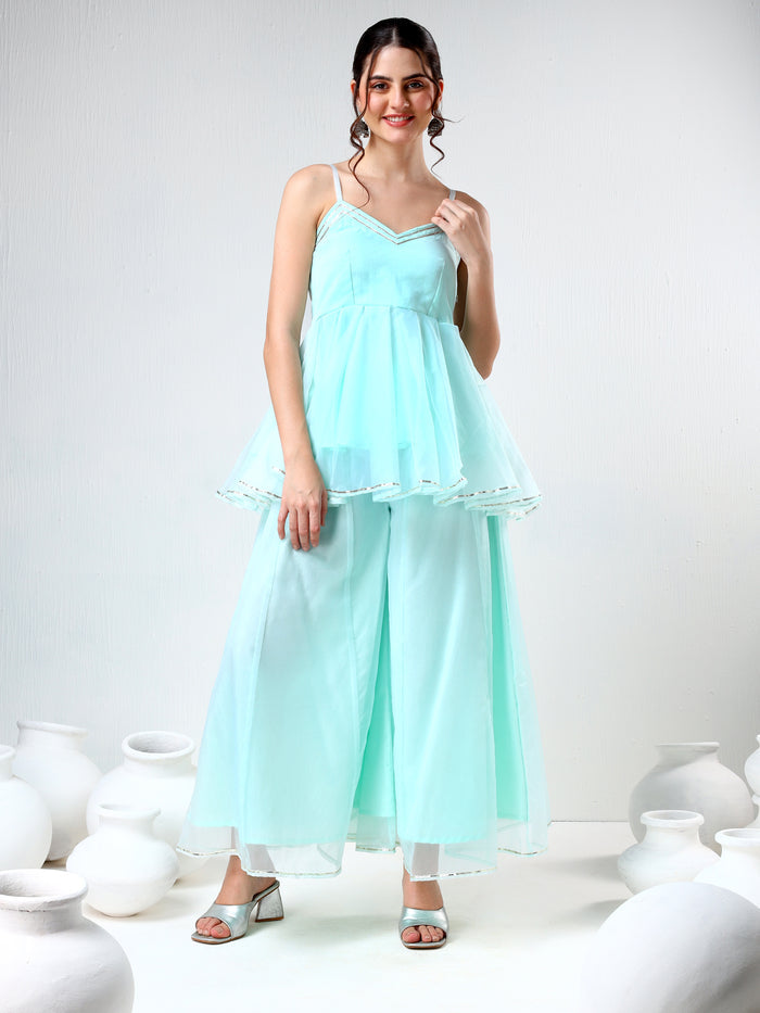 Mint Green Organza Tiered Cami Set With Silver Trim