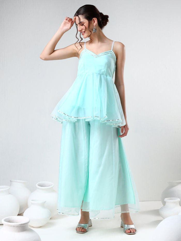 Mint Green Organza Tiered Cami Set With Silver Trim