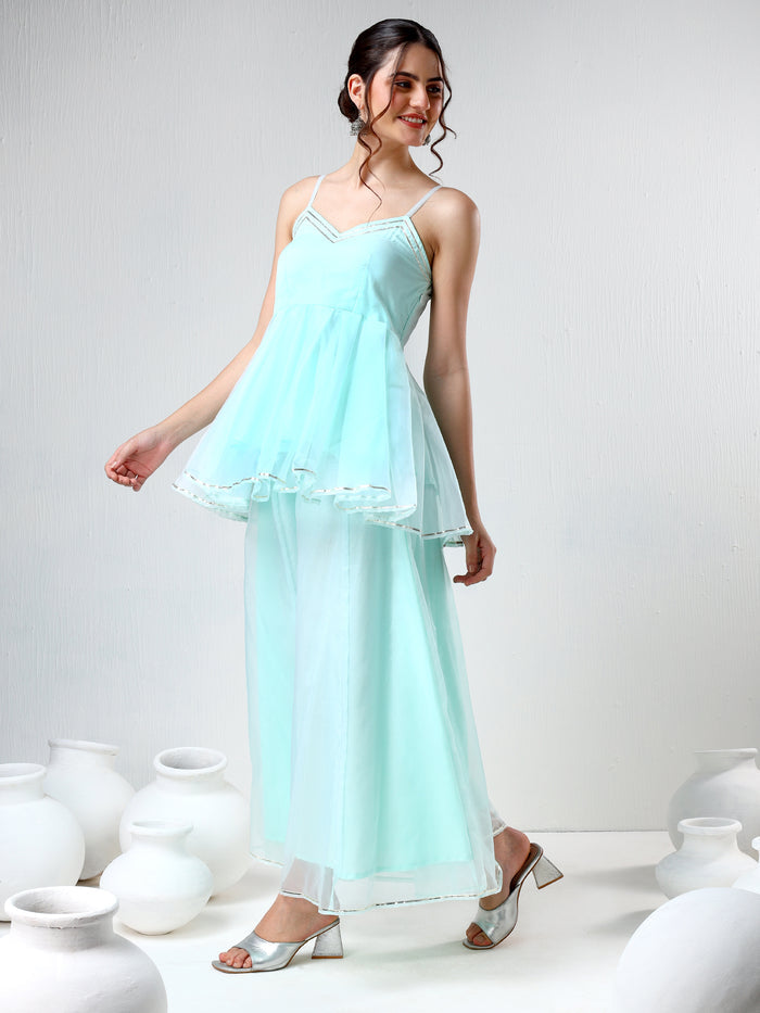 Mint Green Organza Tiered Cami Set With Silver Trim