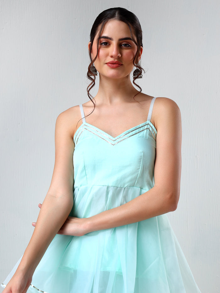 Mint Green Organza Tiered Cami Set With Silver Trim