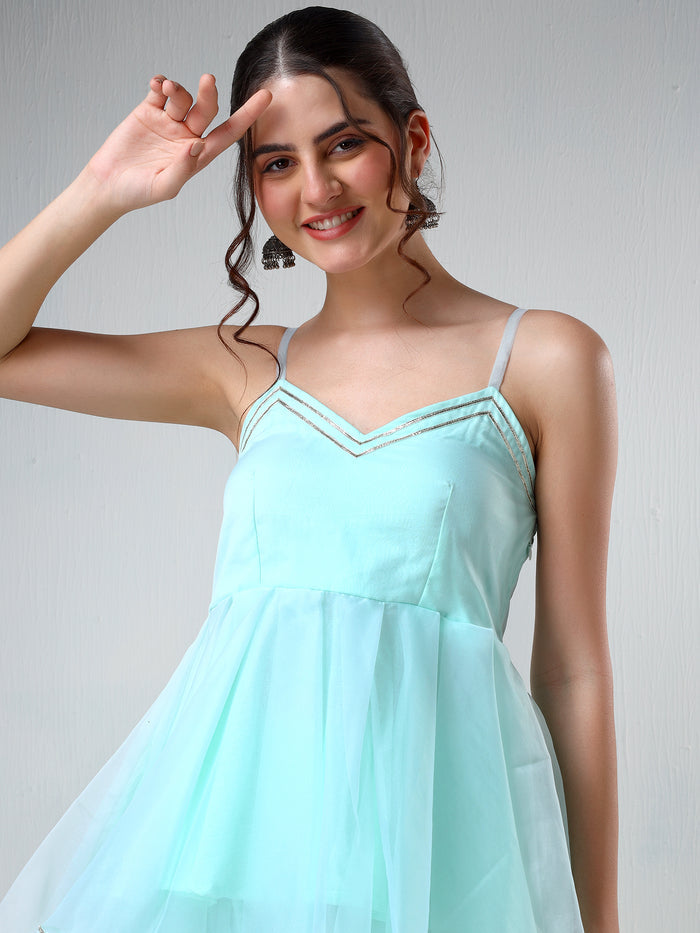 Mint Green Organza Tiered Cami Set With Silver Trim