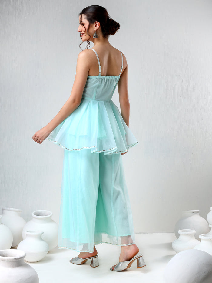 Mint Green Organza Tiered Cami Set With Silver Trim