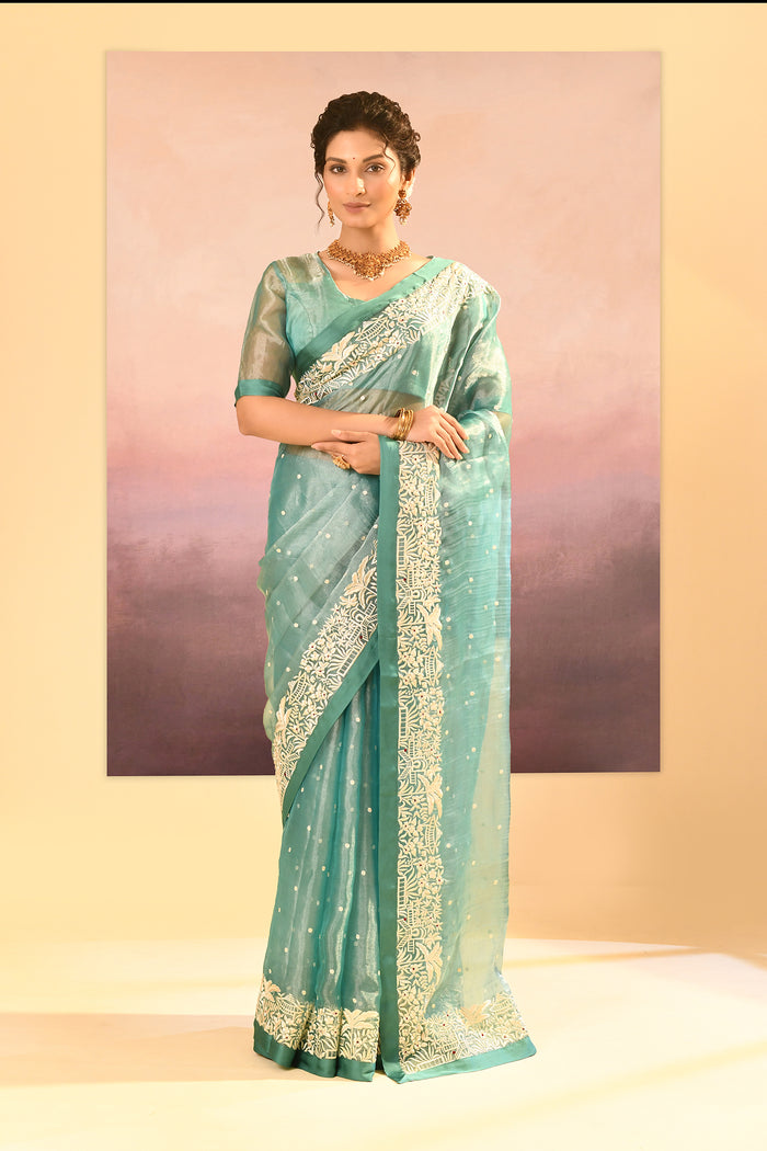 Mint Green Tissue Embroidered Saree