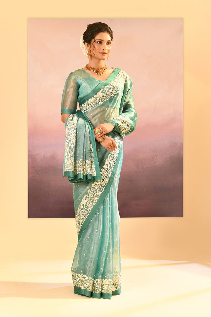 Mint Green Tissue Embroidered Saree