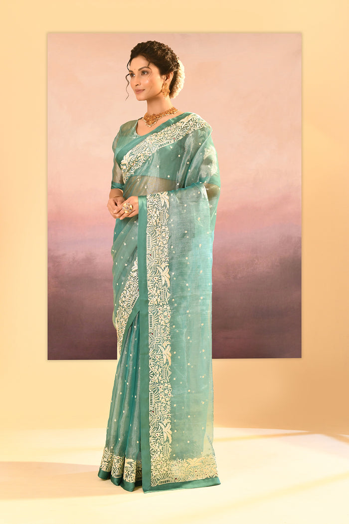 Mint Green Tissue Embroidered Saree