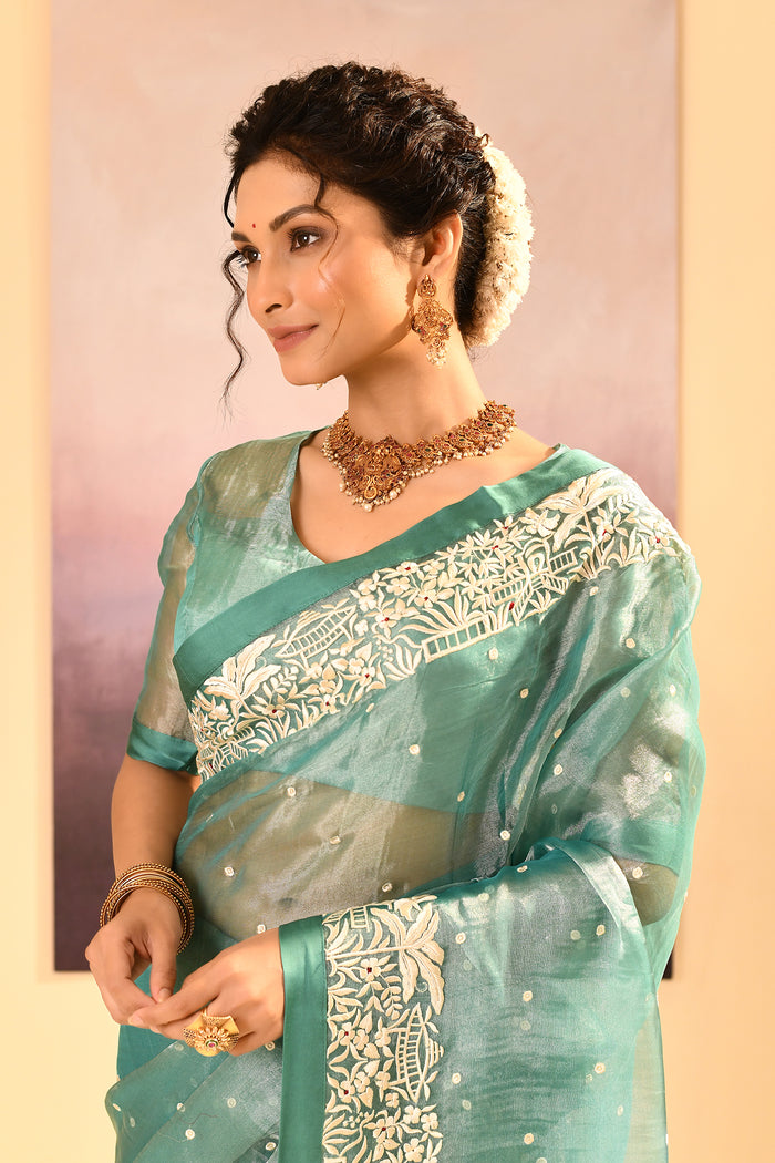Mint Green Tissue Embroidered Saree