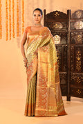 Mint Green With Coral Orange Border On Kanjivaram Tissue Silk Saree