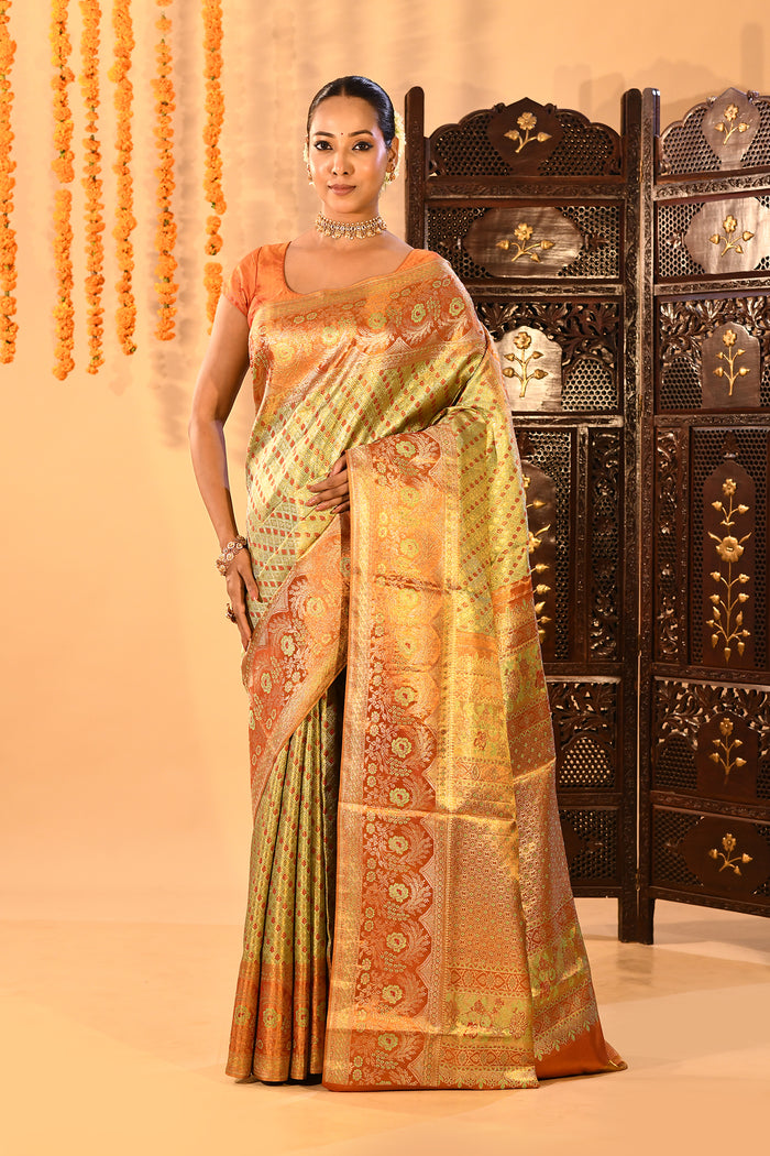 Mint Green With Coral Orange Border On Kanjivaram Tissue Silk Saree