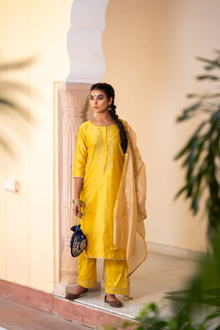 Minted Yellow Cotton Silk Gota Patti Suit Set