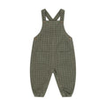 A pair of olive green plaid baby overalls with adjustable shoulder straps, button closures, and front patch pockets, shown flat on a white background.