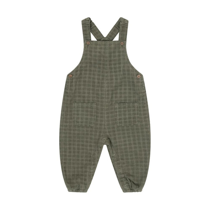 A pair of olive green plaid baby overalls with adjustable shoulder straps, button closures, and front patch pockets, shown flat on a white background.
