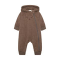 A brown hooded one-piece baby romper with a side zipper, ribbed cuffs and ankles, and small ear details on the chest, shown against a plain white background.