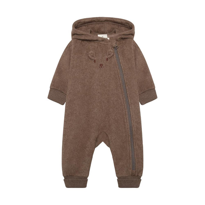A brown hooded one-piece baby romper with a side zipper, ribbed cuffs and ankles, and small ear details on the chest, shown against a plain white background.