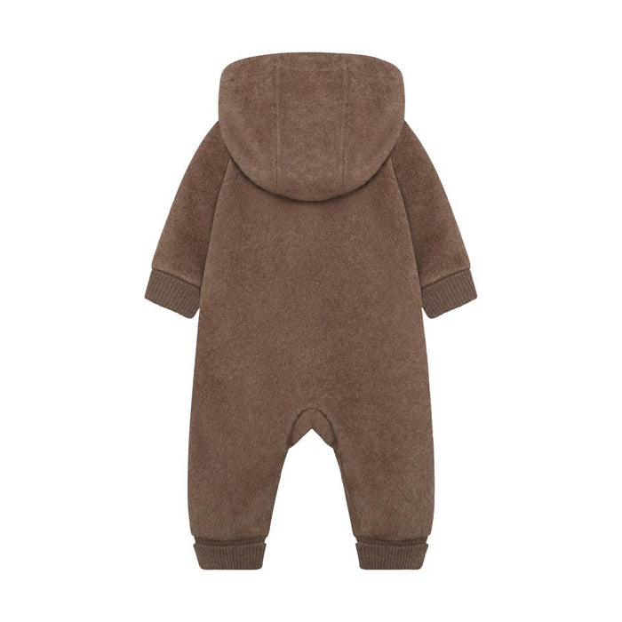 A brown hooded one-piece baby romper shown from the back, featuring a soft textured fabric and ribbed cuffs and foot cuffs, on a white background.