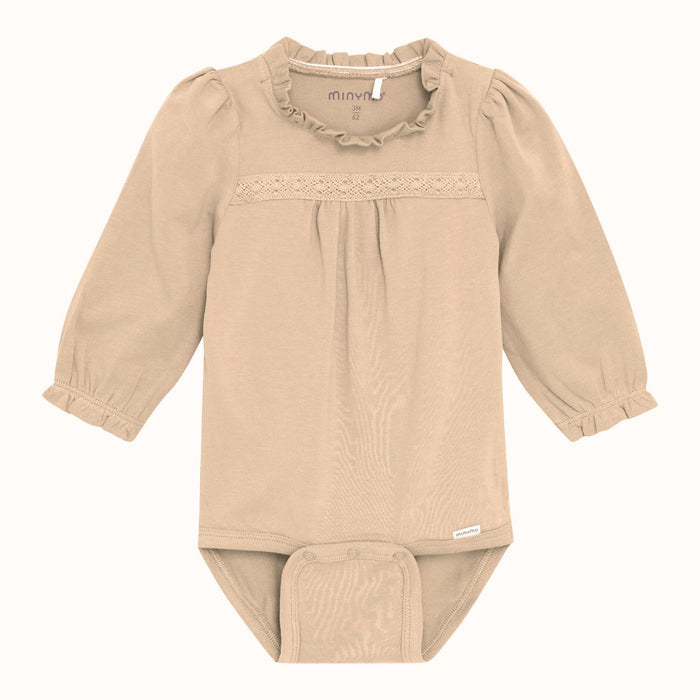 Minymo - Long Sleeve Ruffle Neck Bodysuit - Cream-Onesies-6-9M-Posh Baby