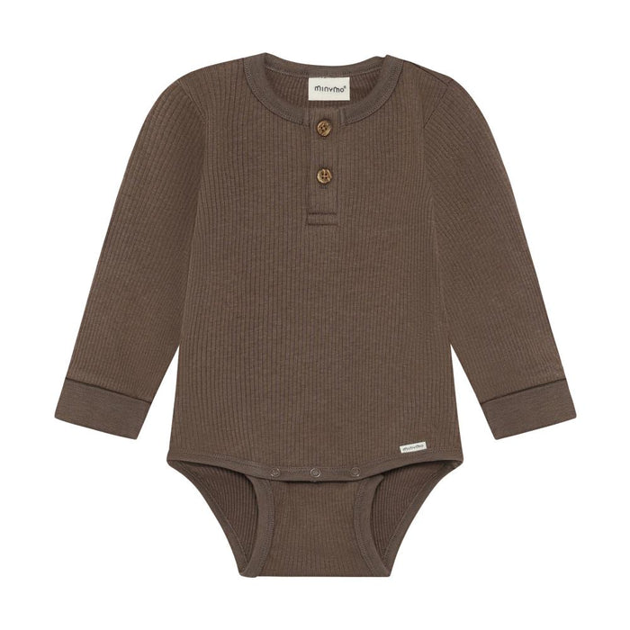 A brown ribbed long-sleeve baby bodysuit with a three-button henley neckline, shown flat on a white background.