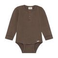 A brown ribbed long-sleeve baby bodysuit with a three-button henley neckline, shown flat on a white background.