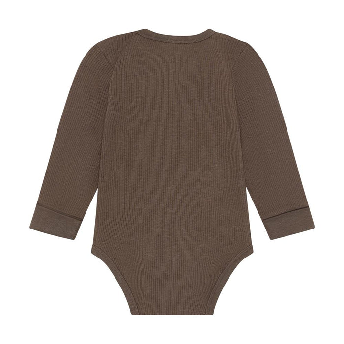 A long-sleeve ribbed knit baby bodysuit in a solid brown color, shown from the back on a plain white background.