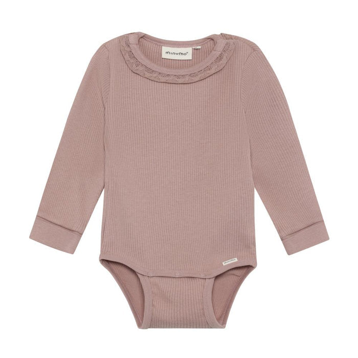 A dusty rose ribbed long-sleeve baby bodysuit with a decorative lace-trimmed crew neck, shown flat on a white background.