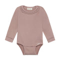 A dusty rose ribbed long-sleeve baby bodysuit with a decorative lace-trimmed crew neck, shown flat on a white background.