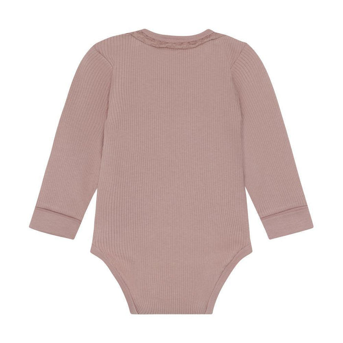 A long-sleeve ribbed knit baby bodysuit in a dusty rose pink color, shown from the back on a solid white background.