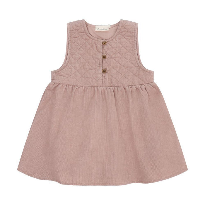 Pink sleeveless dress with button details on a white background