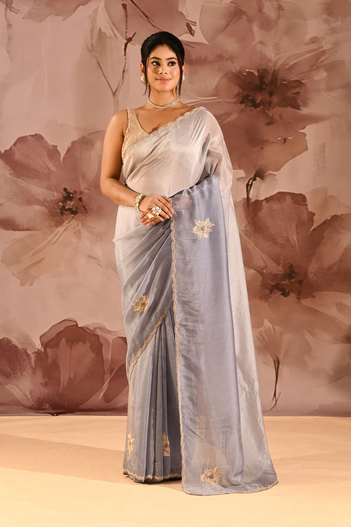 Misty Sapphire Embroidered Silk Blend Saree