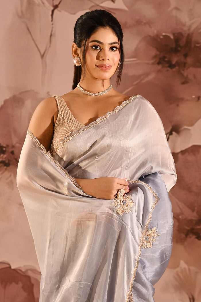 Misty Sapphire Embroidered Silk Blend Saree