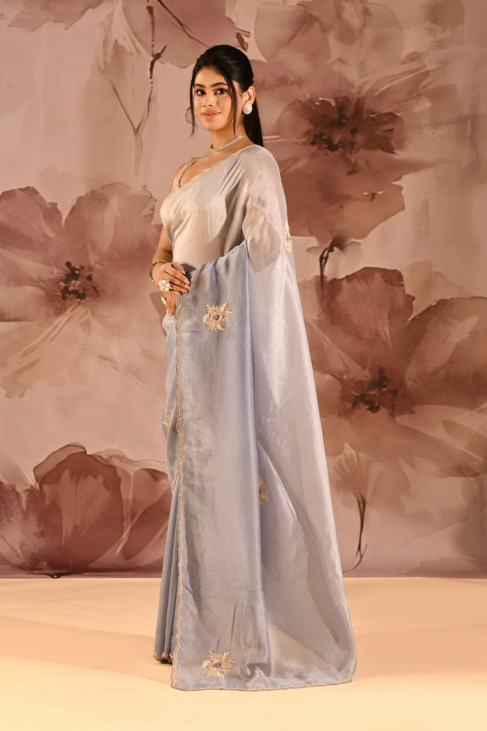Misty Sapphire Embroidered Silk Blend Saree