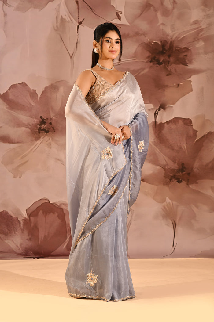 Misty Sapphire Embroidered Silk Blend Saree