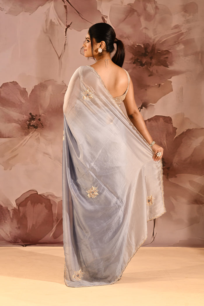Misty Sapphire Embroidered Silk Blend Saree
