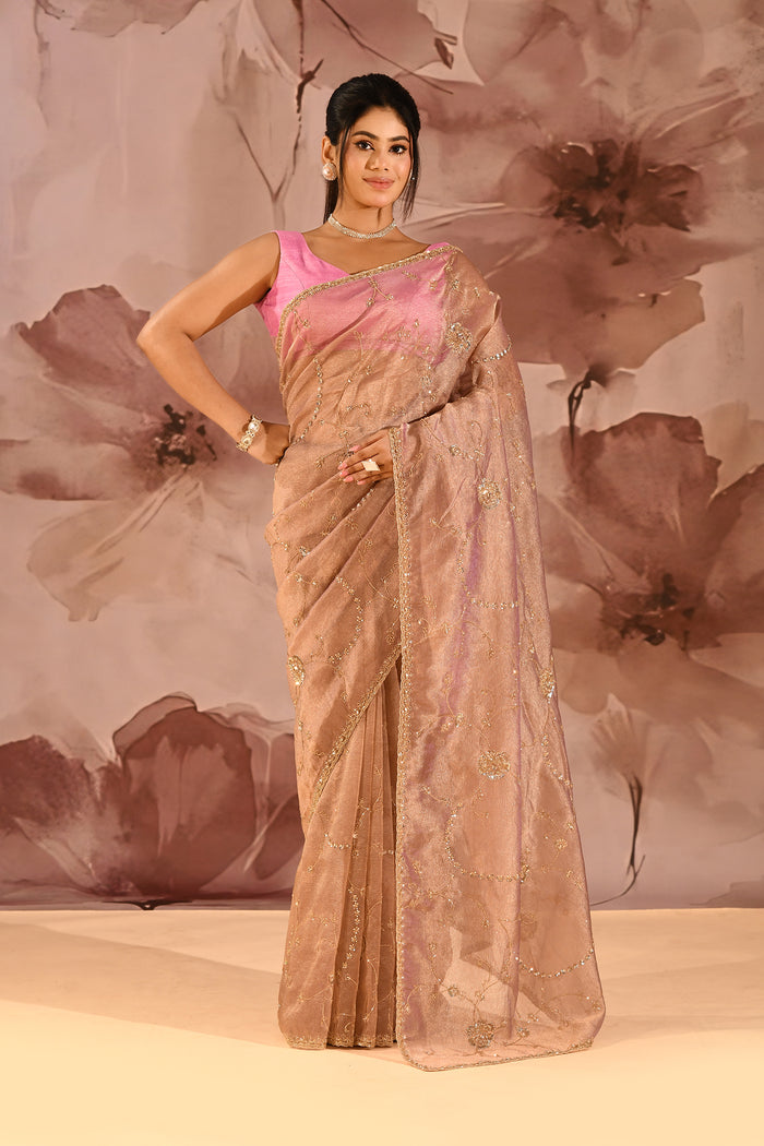 Mocha Bronze Floral Jaal Tissue Embroidery Saree