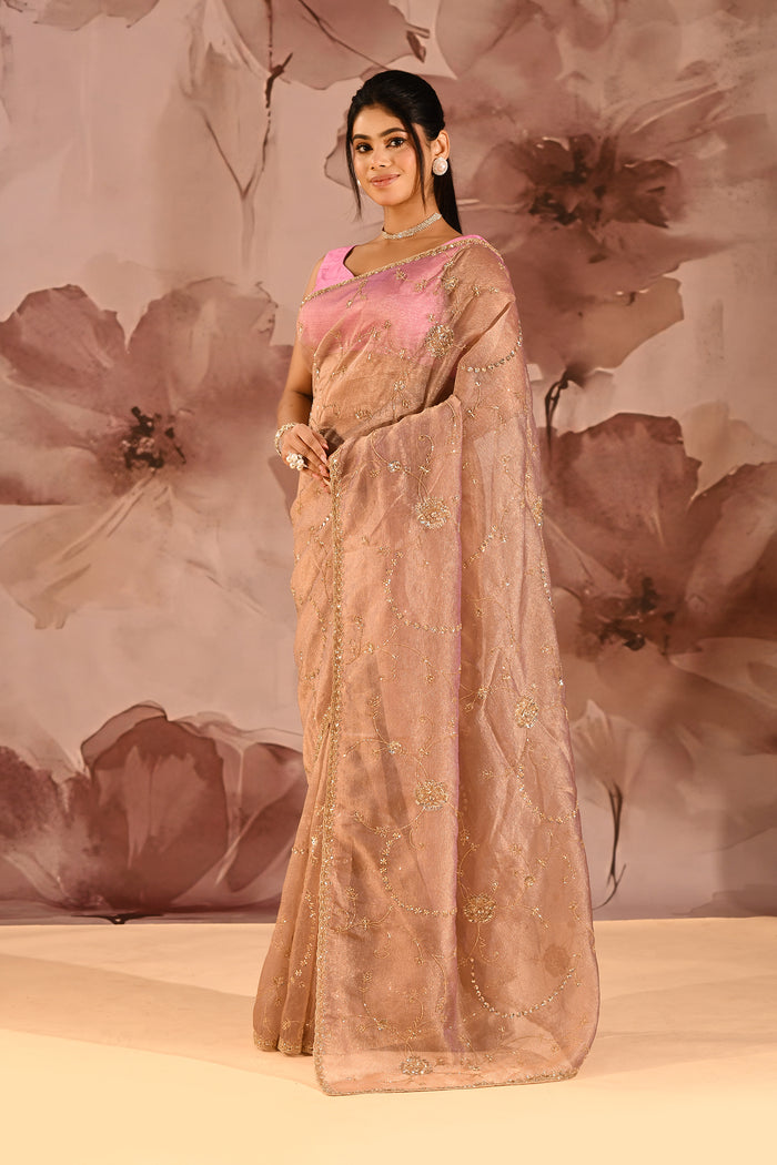 Mocha Bronze Floral Jaal Tissue Embroidery Saree