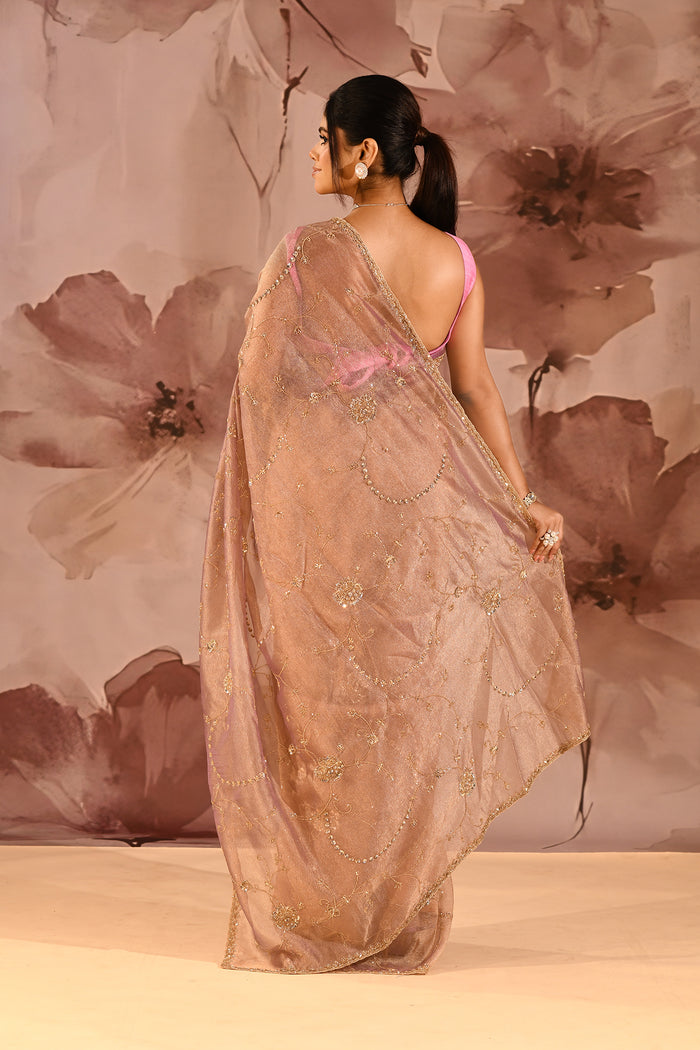Mocha Bronze Floral Jaal Tissue Embroidery Saree