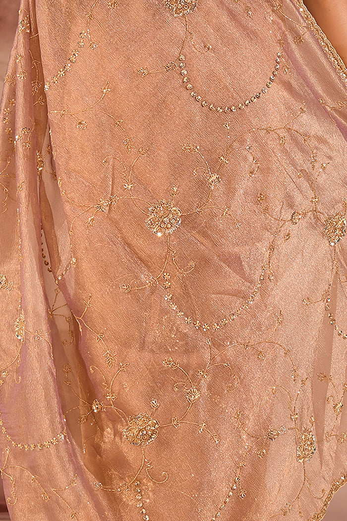 Mocha Bronze Floral Jaal Tissue Embroidery Saree