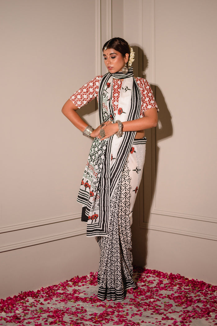 Monochrome Block Printed Chinon Saree