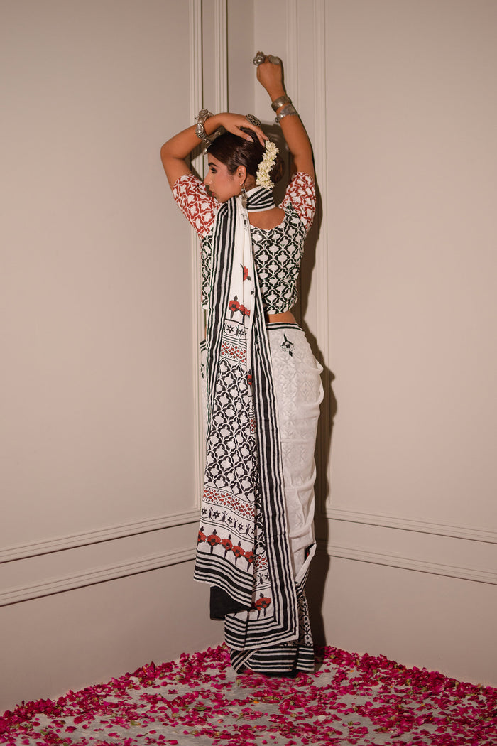 Monochrome Block Printed Chinon Saree